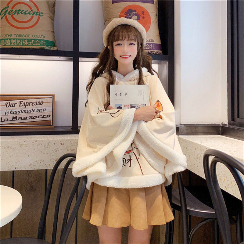 Winter Frauen Nette Katze Ohren Harajuku Süße Plus Samt Dicken Student Lolita Koreanischen Japanischen Weichen Egirl Warme Mantel Schal Kleidung