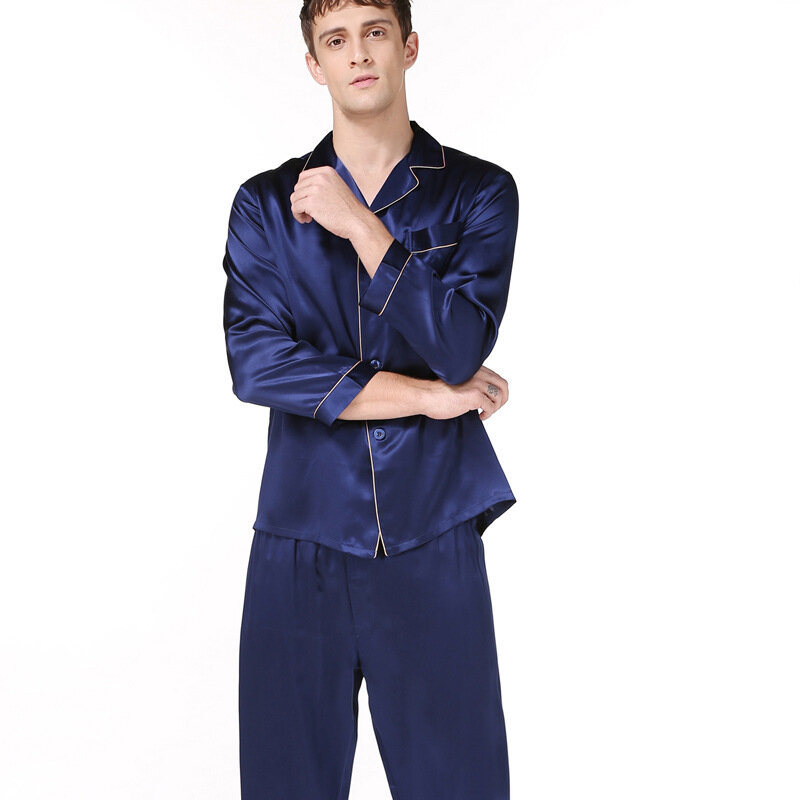 16 momme-Conjunto de pijama de seda 100% para hombre, ropa de dormir de manga larga, sencilla, Noble