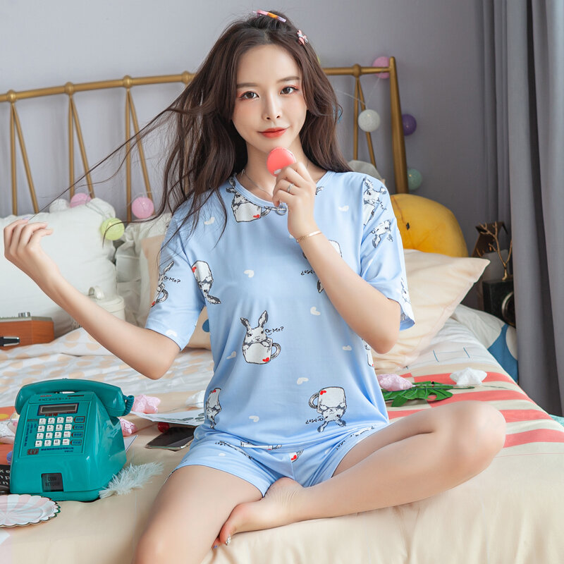 Summer Knitted Cotton Cartoon Pajamas Sets Women Pyjamas Sleepwear Nightwear Pijama Mujer Plus Size Calf-Length Pants Homewear