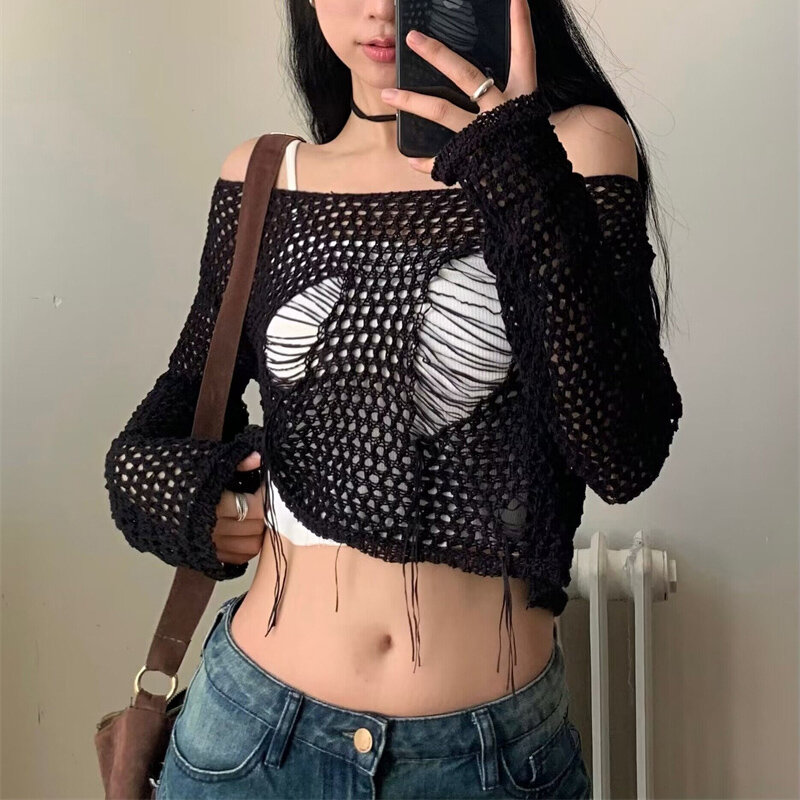 Y2K Knitted Top Women Long Sleeve Hollow Out Cropped Sweater Korean Style Crochet Smock Top T-shirt New In Knitwears