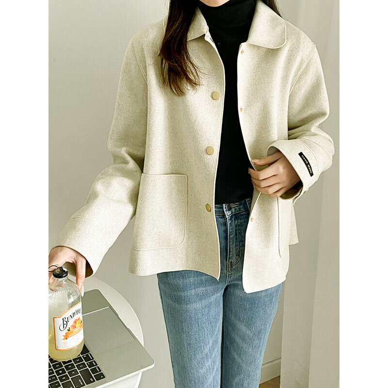 봄 양면 모직 코트, 여성용 재킷, 짧은 블렌드, 따뜻하고 편안함, 세련된, 손으로 만든 솔리드 라펠 스트레이트