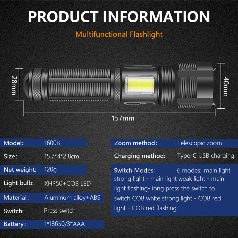 Linterna LED XHP50 + COB con zoom, linterna táctica impermeable IPX4, Flash para iluminación de Camping al aire libre, carga USB