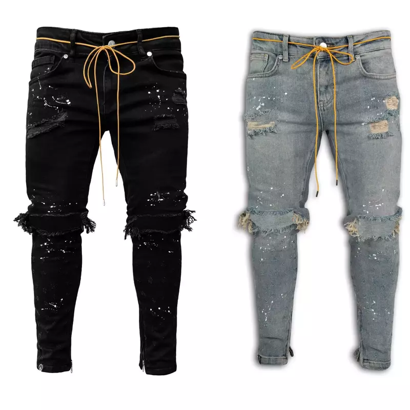 Jeans masculinos estiramento destruído rasgado ponto de pintura design moda tornozelo zíper jeans magros para homem