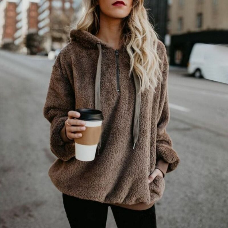 2022 Otoño e Invierno Popular europeo y americano de manga larga con cuello redondo con capucha cálido Color sólido suéter de poliéster para mujer