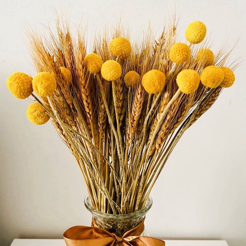 100 pçs secos talos de trigo para decoração & 15 hastes amarelo billy bolas botões, outono queda flores artificiais para decoração