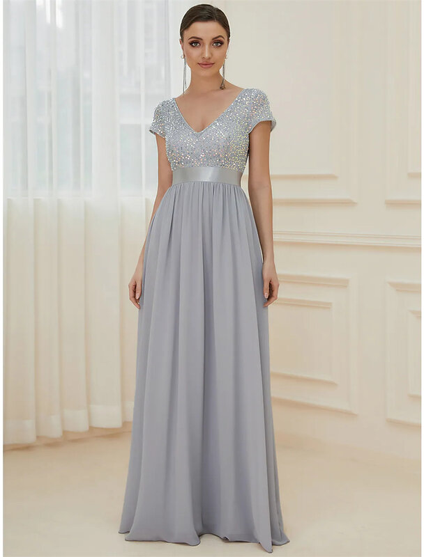 A-Line Brautjungfer Kleid V-ausschnitt Kurzarm Elegante Bodenlangen Chiffon mit Einfarbig Sparkle Glanz vestido de noiva