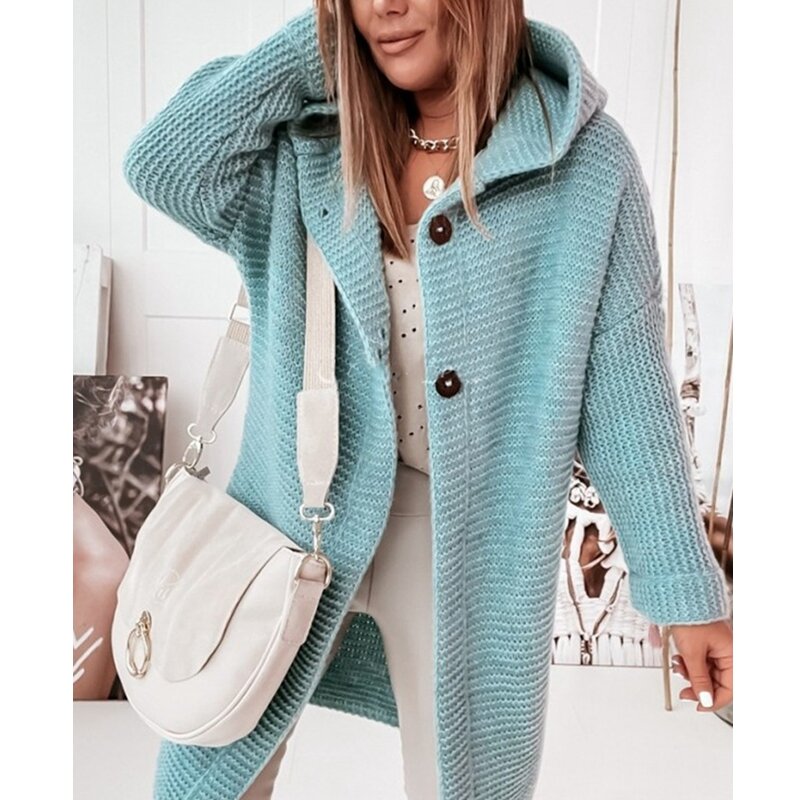 Drop Shoulder Button Front Hooded Cardigan Loose Women's Sweater Coat 2022 Spring Autumn Fashion Solid Color Full Sleeve