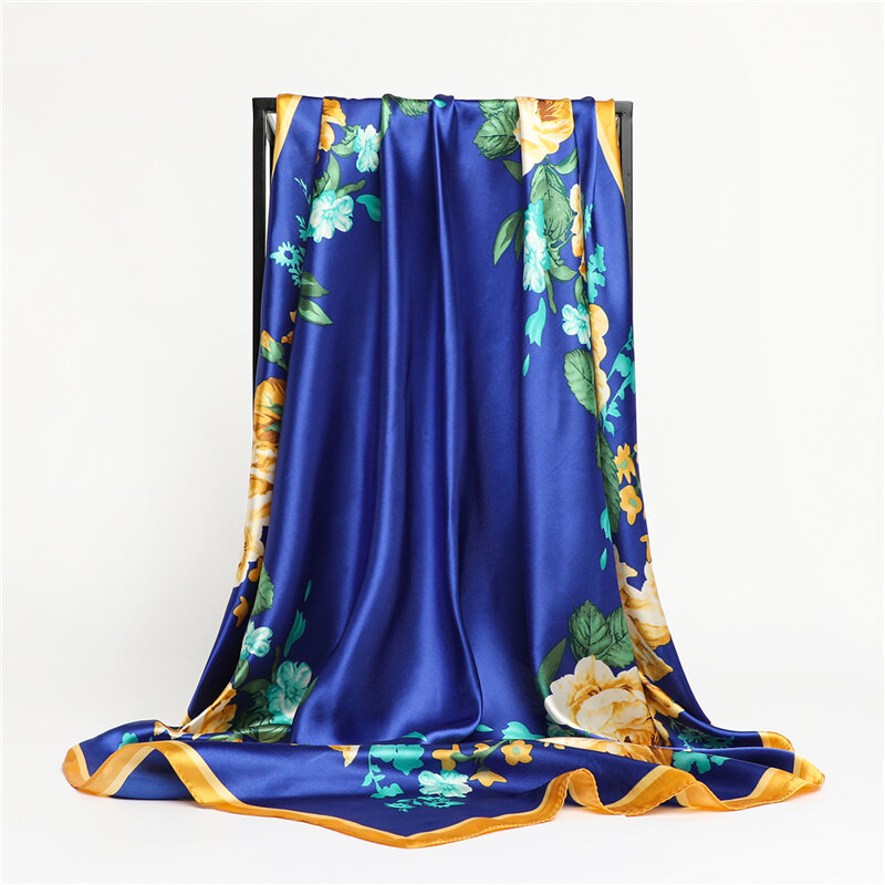 女性のシルクサテンハンカチ固体花ヘアバンドヒジャーブラップ袋イスラム教徒スカーフショールバンダナ90センチメートル * 90センチメートル正方形スカーフ卸売