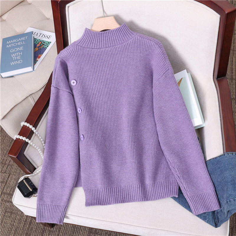 24749 No 1 Di 8 】 【 3 Kamar Membuat Warna Solid dan Setengah Kerah Tinggi Tombol Turtleneck Sweater [1000] 38)