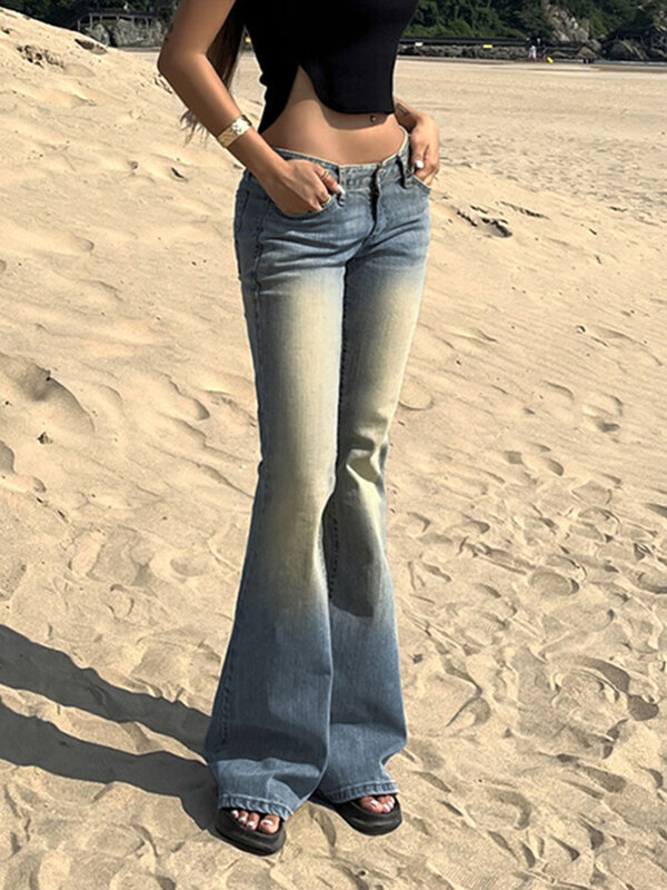 Vintage Bootcut Jeans dla kobiet moda Y2K Streetwear seksowna dziewczyna niski wzrost Slim Fit rozciągliwy w trudnej sytuacji myte rozkloszowane spodnie dżinsowe
