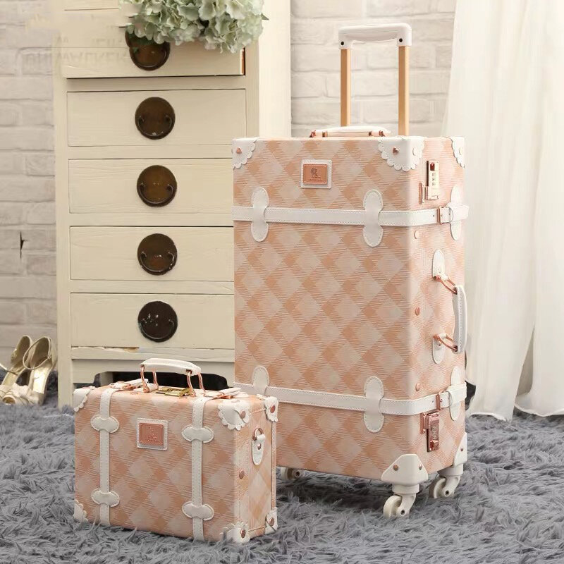 Popular Retro handmade set rolling luggage with cosmetic case girl cute travel trolley suitcase women fashion makeup luggage