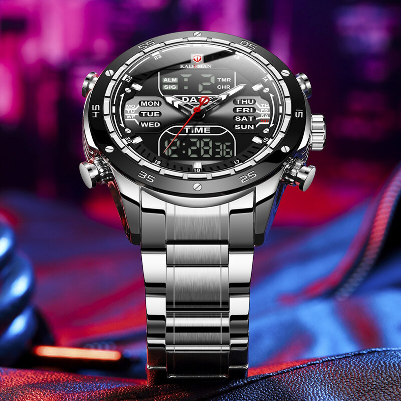 นาฬิกาข้อมือเล่นกีฬาสำหรับชาย LED Dual Display Multifunctional Chronograph นาฬิกาจับเวลากันน้ำสายรัดเหล็กนาฬิกาควอตซ์นาฬิกา K9109