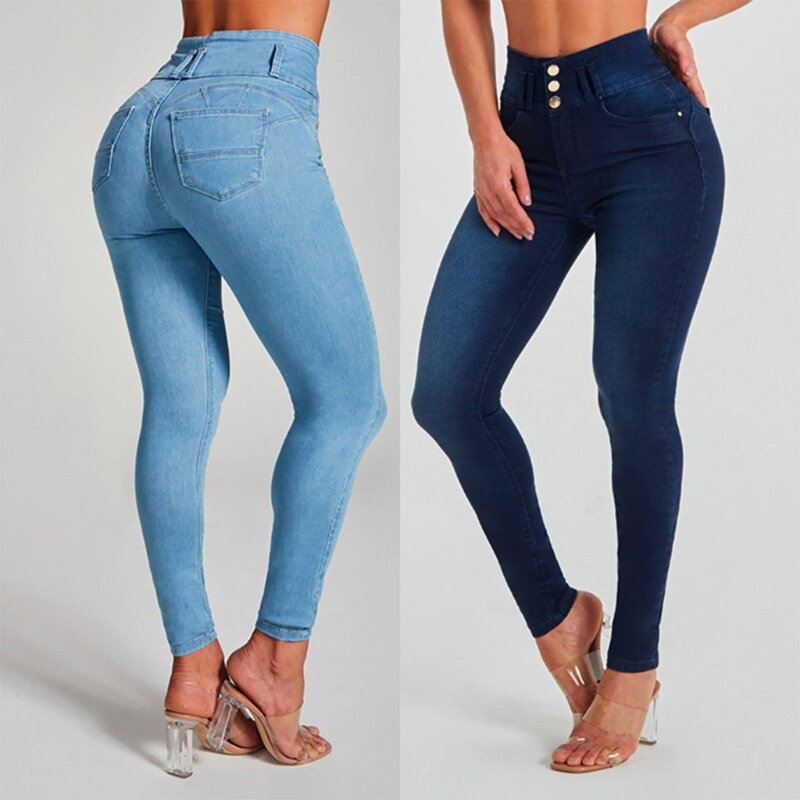 Butt Lifting Denim Trousers with Pockets Women High Waisted Skinny Jeans Pants N7YD