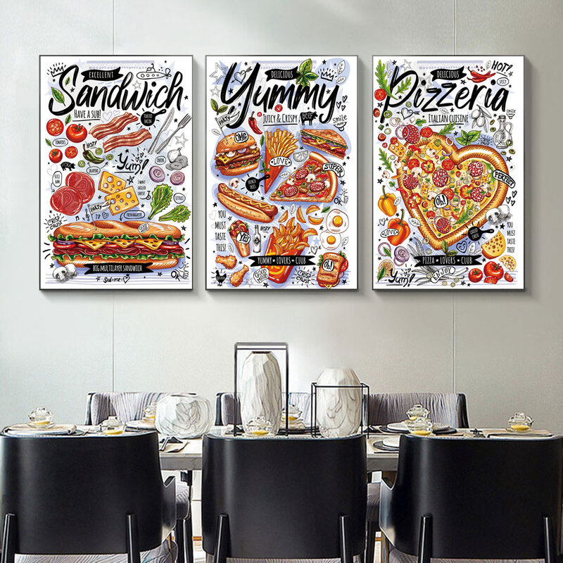 さまざまな種類の食品キャンバス絵画トルティーヤハンバーガーキッチンウォールアートポスターダイニングルームの家の装飾壁画