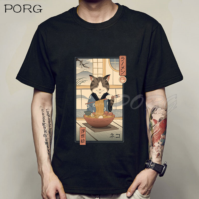 T-shirt manches courtes homme/femme, estival et décontracté, avec chat imprimé, japonais