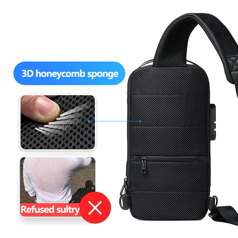 Мужская водонепроницаемая нагрудная сумка через плечо с USB-портом и защитой от кражи