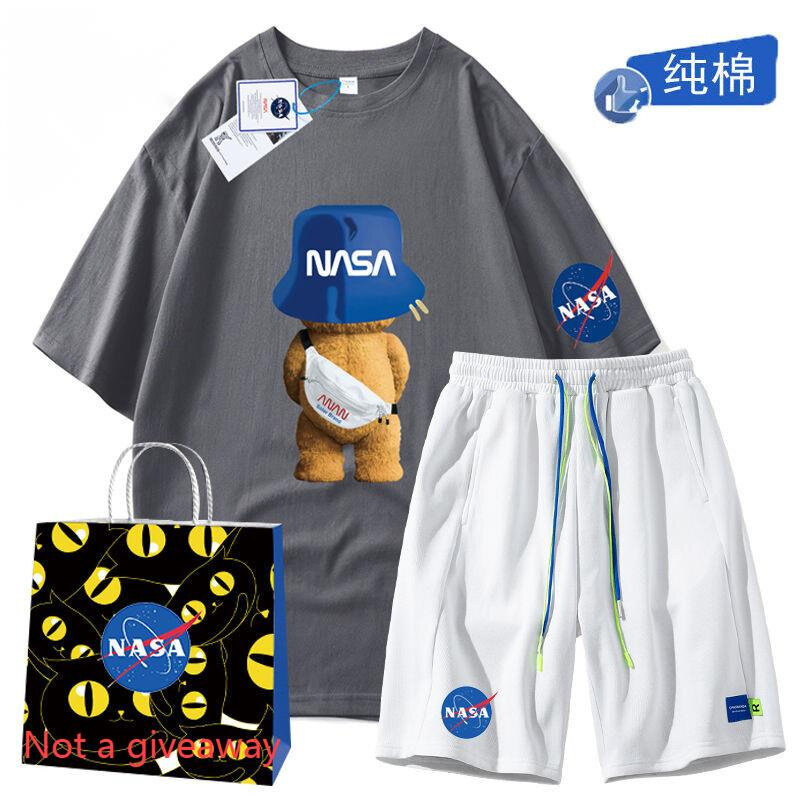 Kaus NASAs 100 Kaus Longgar Musim Panas Pria Setelan Olahraga Kasual Print Fashion Beruang Kartun Katun dengan Set Celana Pendek untuk Pria