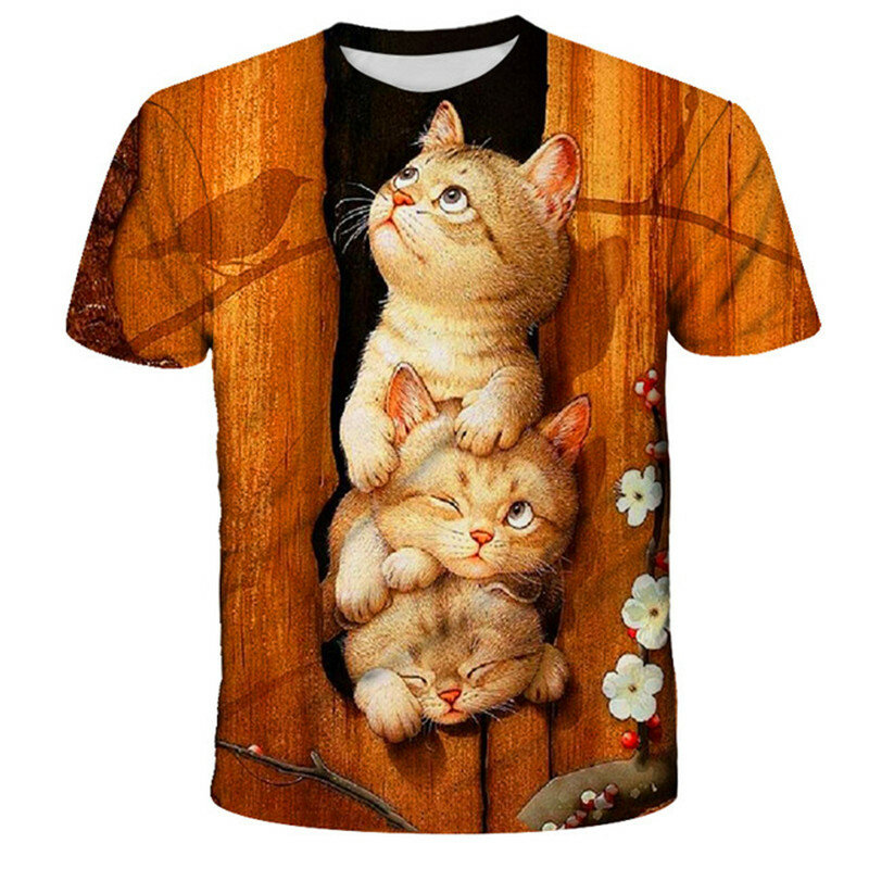Camiseta de dibujos animados en 3D para niño y niña, ropa con estampado de gato, Tops de dibujos animados, 2023
