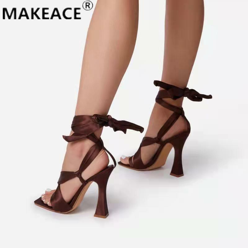 Sandalias de tacón alto con punta abierta para mujer, zapatos de fiesta con encaje desnudo, estilo romano, para verano