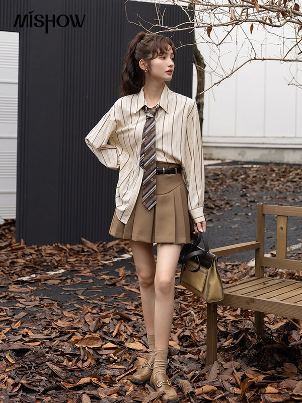 MISHOW 2022 jesień kobiet plisowana spódnica z paskiem koreański mody szczupła wysokiej talii Aline krótka spódnica kobiet dna MXB44B0473