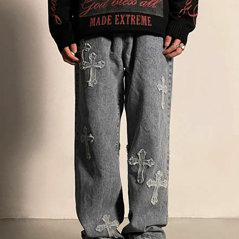 Y2K Jeans Pria Eropa dan Amerika High Street Bordir Salib Merek Hip-Hop Celana Lurus Longgar Lebar Kaki Ins Diskon Besar