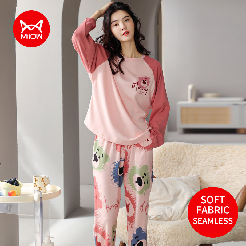 MiiOW-pantalones de algodón de manga larga para mujer, ropa de estar por casa con dibujos de animales, Otoño e Invierno