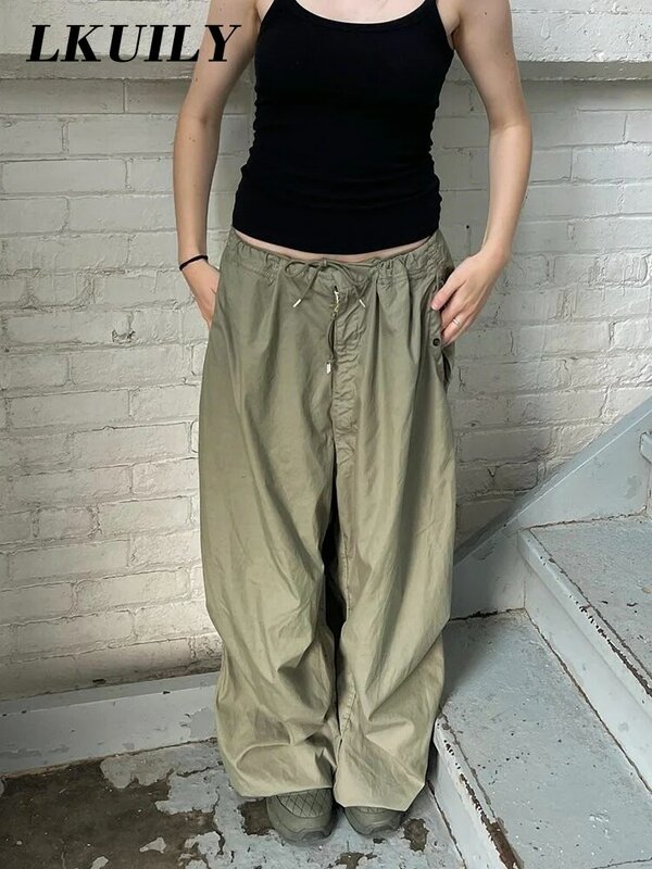 Spodnie spadochronowe spodnie Cargo damskie luźne proste kombinezony Y2K wysoka talia szerokie nogawki Baggy moda Famale solidne spodnie Streetwear
