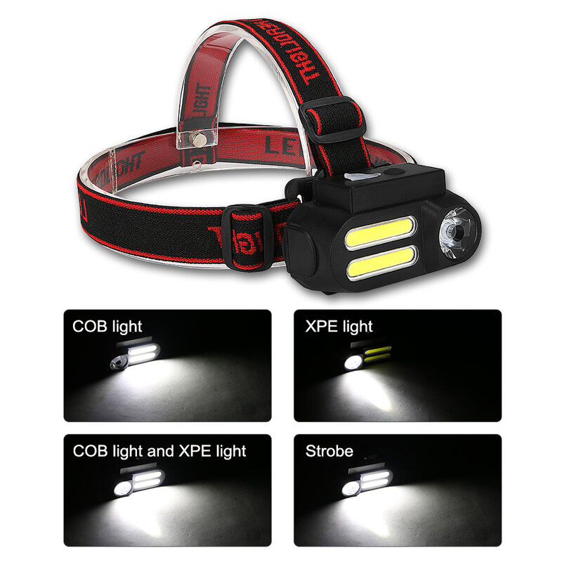 휴대용 미니 XPE + 2 * COB LED 헤드램프 작업등, 방수 헤드라이트, 18650 배터리 사용, 야간 조명 손전등, 헤드 램프