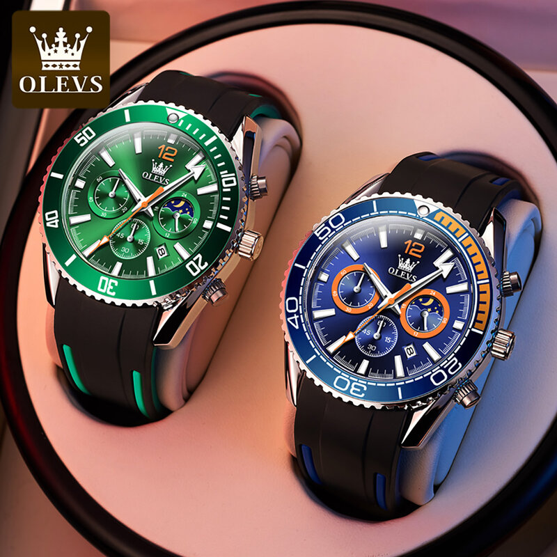 OLEVS – montre à Quartz pour hommes, montre-bracelet multifonctionnelle à trois yeux et Six mains, bracelet en Silicone, étanche, calendrier lumineux