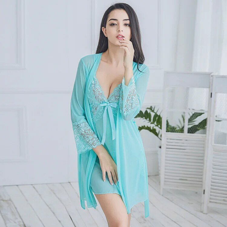Silk Robes for Women 3 Piece Set Sexy Pajamas Bathrobe Nigthgowns and Underpants Pajama Sets for Women Thin Lace Bow Sleepwear