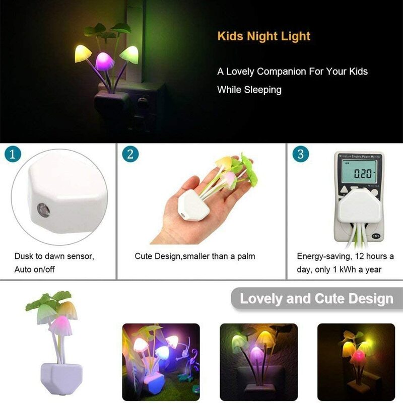 Lámpara de noche con Sensor de luz nocturna para niños, lámpara de seta con enchufe europeo y estadounidense de 220V y 3 LED de colores para decoración del dormitorio del hogar