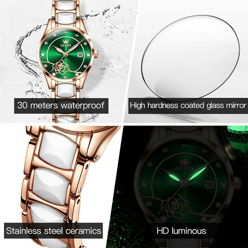 OLEVS-Relojes de pulsera impermeables para mujer, pulsera con núcleo de diamante, de lujo, con correa de cerámica y cuarzo, a la moda