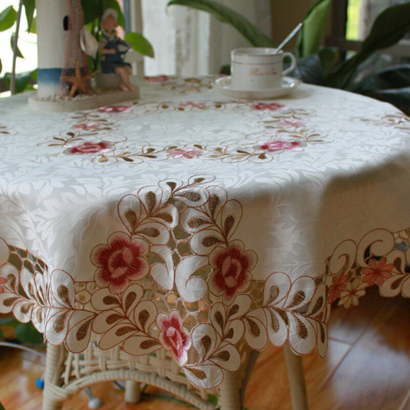 Modern Luxury Satin Cloth Tablecloth Exquisite Flower Embroidery Fine Lace Balcony Table Dining Doilies Wedding Kitchen Decor