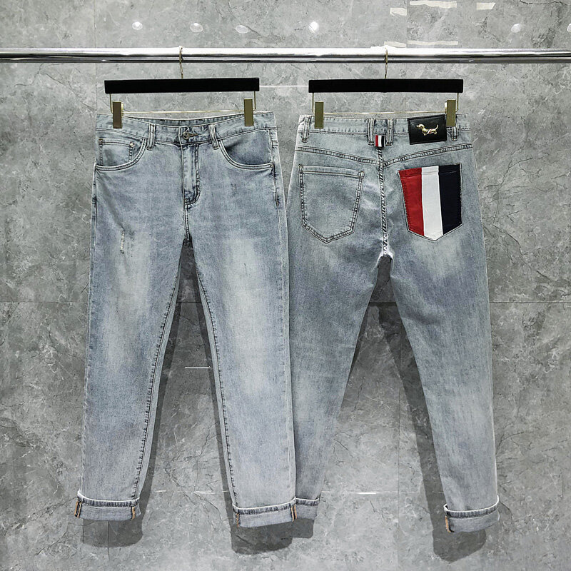 TB THOM-pantalones vaqueros ajustados para hombre, Jeans informales de diseño clásico, elásticos y rectos, teñido en las cuatro estaciones, a la moda