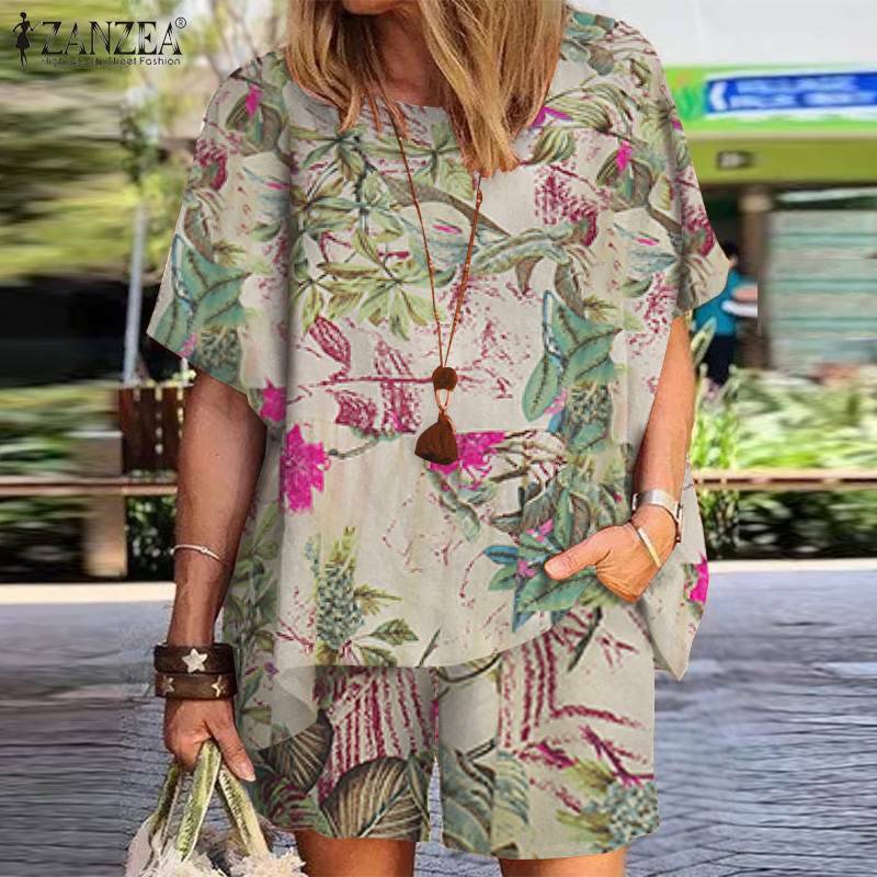 Zanzea vintage floral impresso conjuntos de verão 2pcs feminino manga curta blusa ternos boêmio praia curto define casual solto fatos de treino