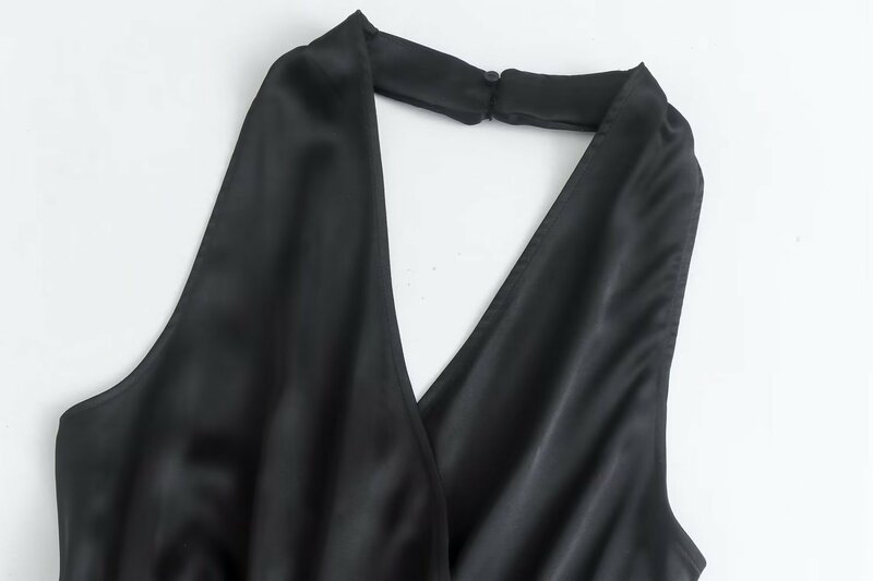 Zach AiIsa جديد المرأة تصميم الأزياء الحرير الساتان الملمس الرسن مثير عارية الذراعين التعادل عالية الخصر بذلة واسعة الساق بنطلون