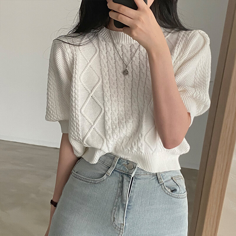 Frauen Französisch Weiß Einfachheit Stricken Pullover Rundhals Kurzarm Casual Koreanische Vintage Mode Baggy Damen Tops Sommer