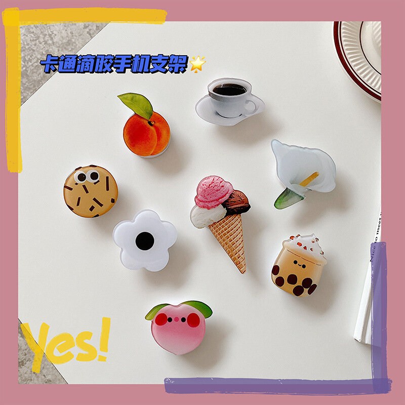 Support de téléphone pliable en résine époxy, 1 pièce, avec perles, lait, thé, fleur, pêche mignonne, dessin animé coréen, accessoires