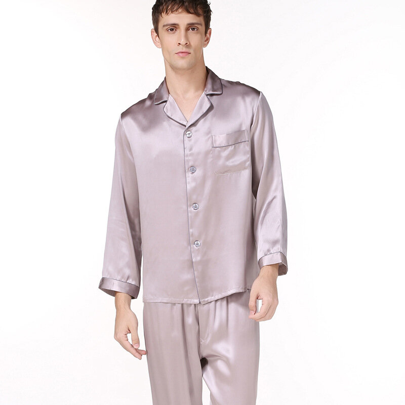 Conjunto de pijama de seda de mora para hombre, camisa de manga larga con cuello de muesca Noble, pantalón largo con cintura elástica, 100%