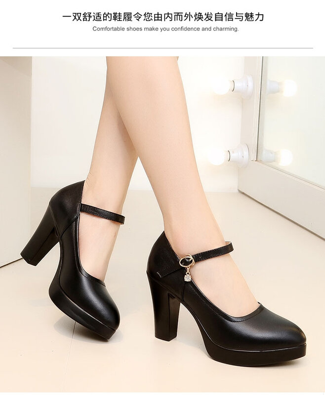 عالية الكعب منصة مضخات Mujer 2021 ربيع جديد مشبك الموضة الصلبة حذاء أسود امرأة بولي Leather جلد أحذية مضادة للماء فام