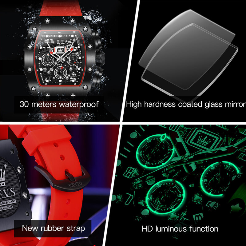Olevs pulseira de silicone grande dial alta qualidade relógios de pulso de quartzo esporte à prova dwaterproof água relógio para homem cronógrafo luminoso