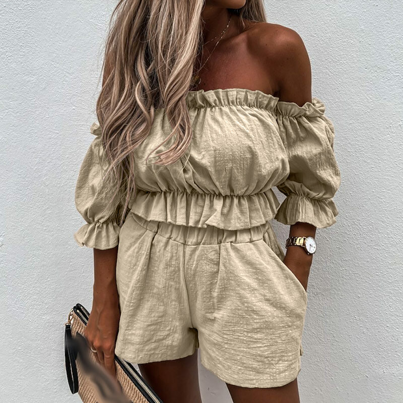 Solid Ruffles Off Shoulder Women Shorts Set Slash Neck Crop Tops And High Waist Bottom Ladies Suit Summer Beach Style Casual New