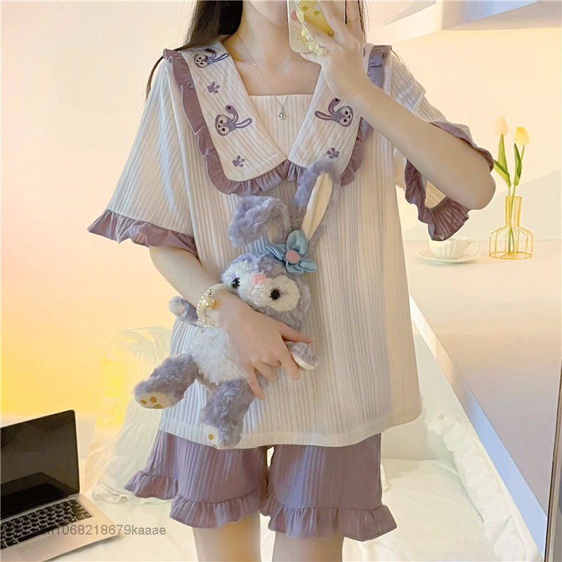Disney StellaLou Summer Home Clothes Women Pajamas 2 Piece Set Sweet Doll Collar Tops Short Sleeve T-shirt Shorts Y2k Sleepwear