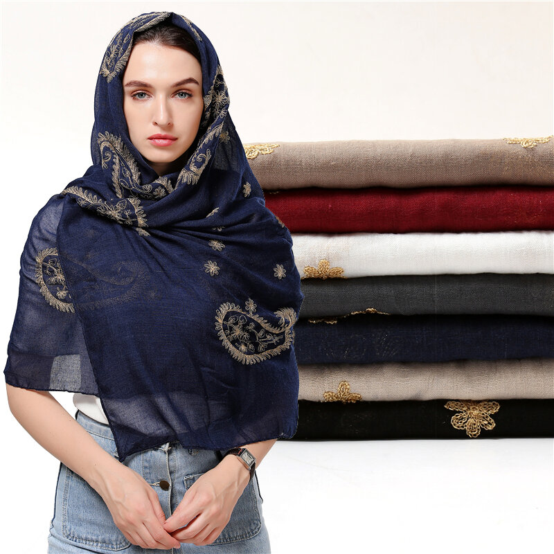 Paisley Cotton Scarf Women Hijab Embroidery Muslim Headband Scafs Bandana Soft Shawl Wrap Foulard Lady Neckerchief Muffler 2022