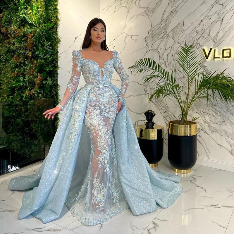 Xijun Luxe Kant Applicaties 3D Bloemen Mermaid Prom Jurken Met Afneembare Trein Lange Mouwen Avondjurk Wedding Party Gown