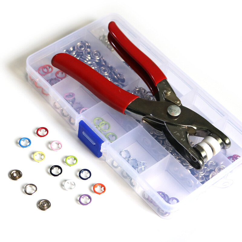 Alicate ferramenta + 100/200 conjunto 10 cores botões de costura de metal oco sólido cinco-garra fivela de metal botões de pressão para instalar roupas