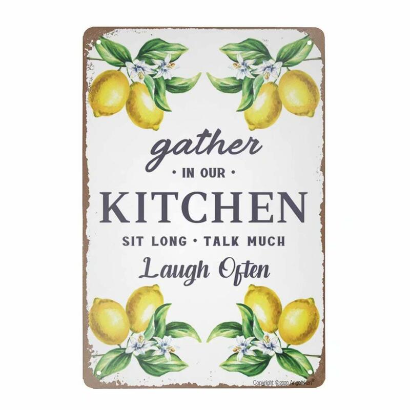 Retro Tin Sign Vintage Metal Sign Gather in Our Kitchen Sit Long Talk Much Laugh Often Wall Poster Plaque for Home Kitchen Bar