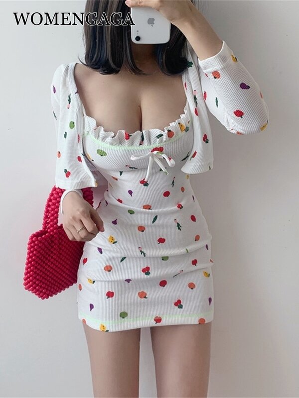 Womengaga 2021 nova menina linda francês padrão de frutas estilingue tanque colete mini vestido + cardigan manga cheia tricô conjunto camisola v992