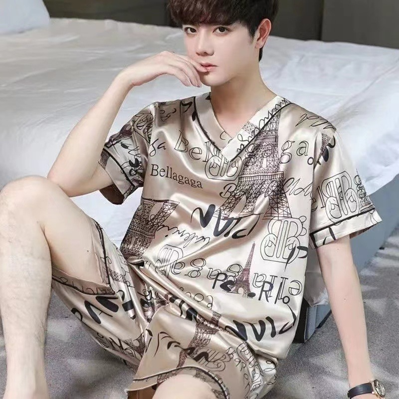 Ice Silk Pajamas Men's Summer Short-sleeved Thin Simulation Silk Pyjamas Casual Large Size Home Wear Sleepwear 2-piece Set