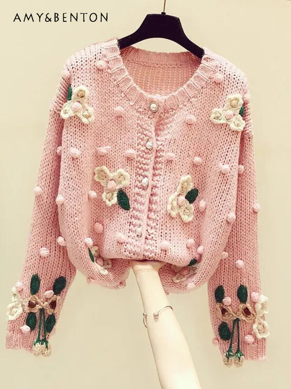 Heavy Industry Small Ball Strawberry Embroidered Crew Neck Long-Sleeved Knitted Cardigan Women's Autumn New Casual Sweater Coat